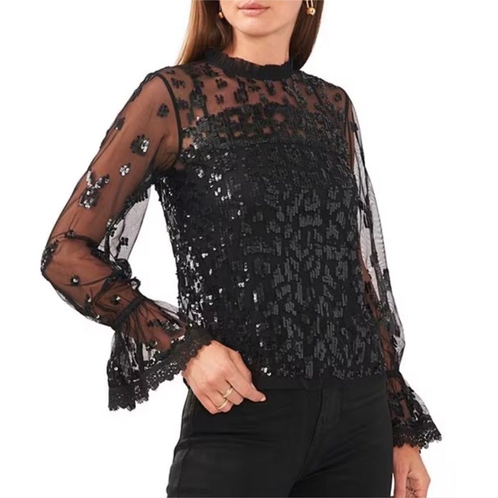 Chelsea & Violet black sheer high neck sequin blouse top small s